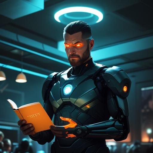 Cyborg in City Square Reading Book with AR Device