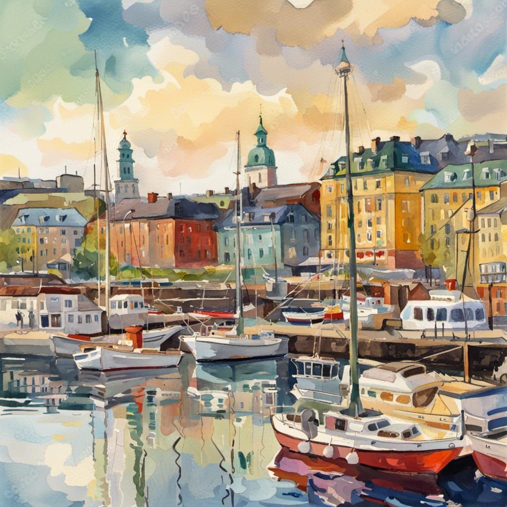 Oslo City Harbor in Gouache Impressionist Style