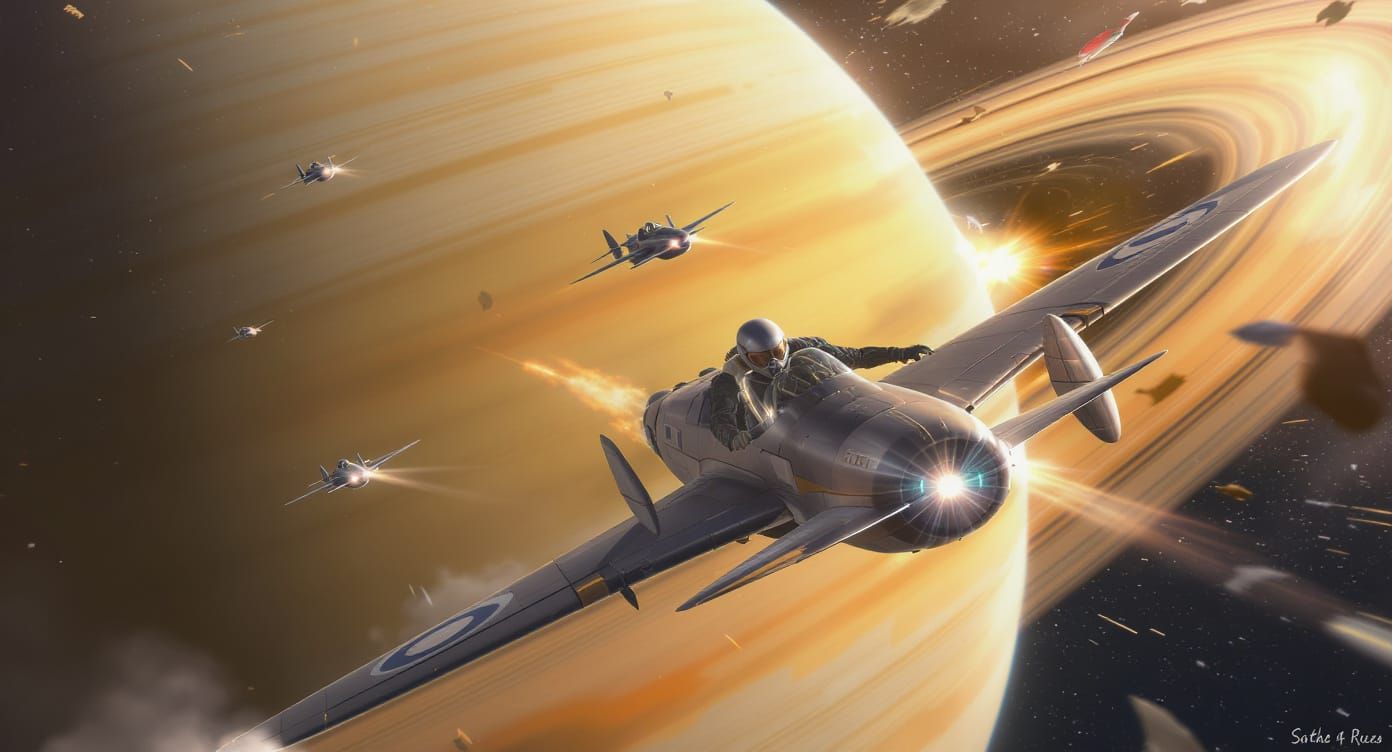 A team of futuristic fighter pilots engage in a dogfight above the rings of Saturn.