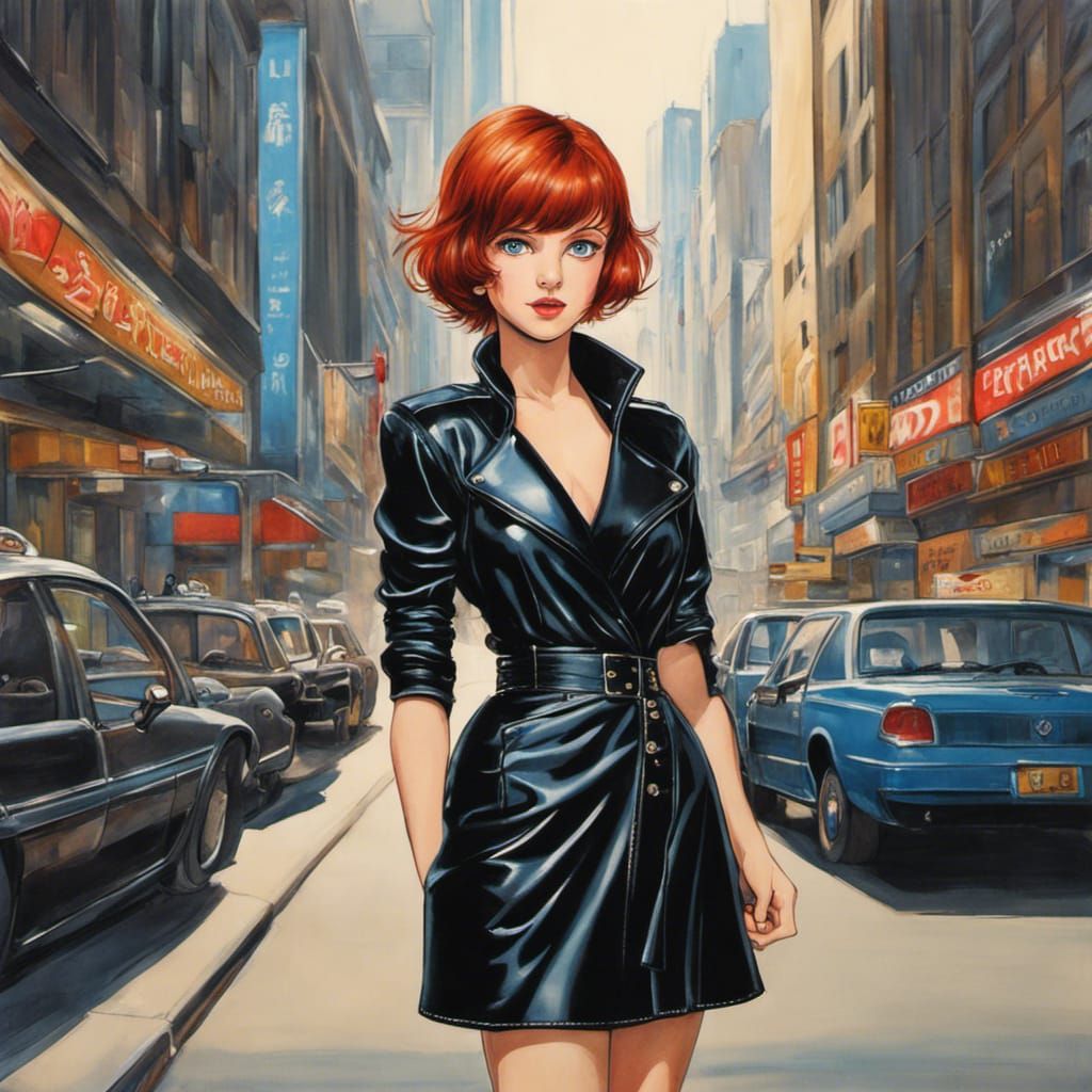 Anime Woman in Leather Dress, City Street Scene