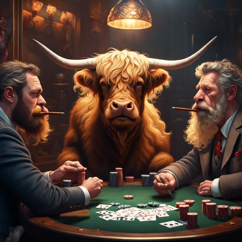 Highland Cows Play Poker: Cinematic Digital Art
