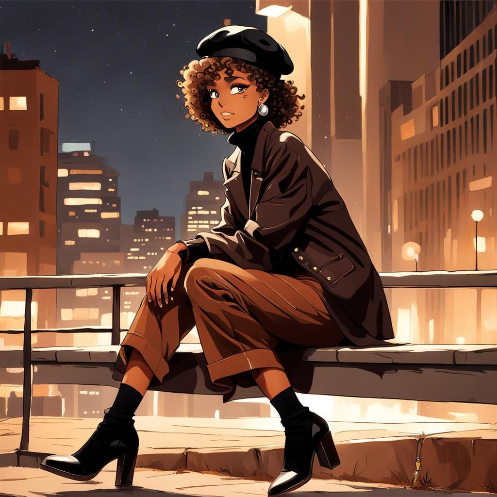 Anime Girl with Afro in 1980s Style