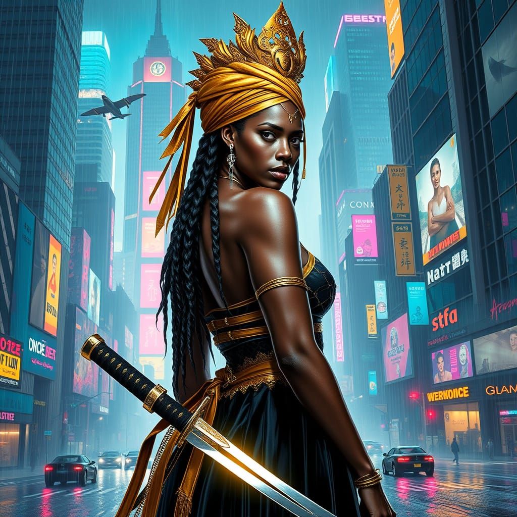 Cyberpunk Queen with Katana in Neon Cityscape