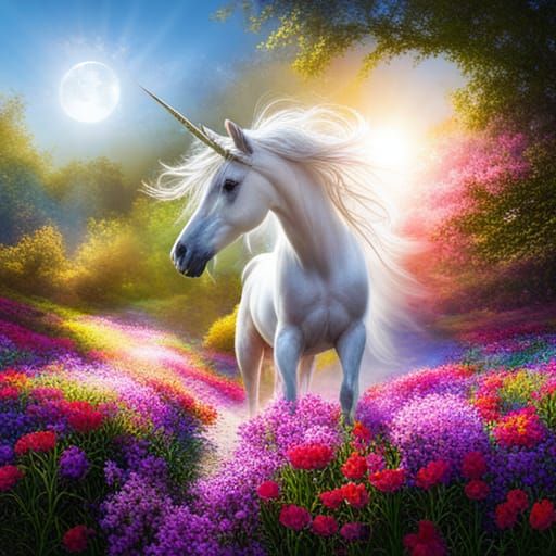 Radiant Unicorn in a Cascade of Flowers