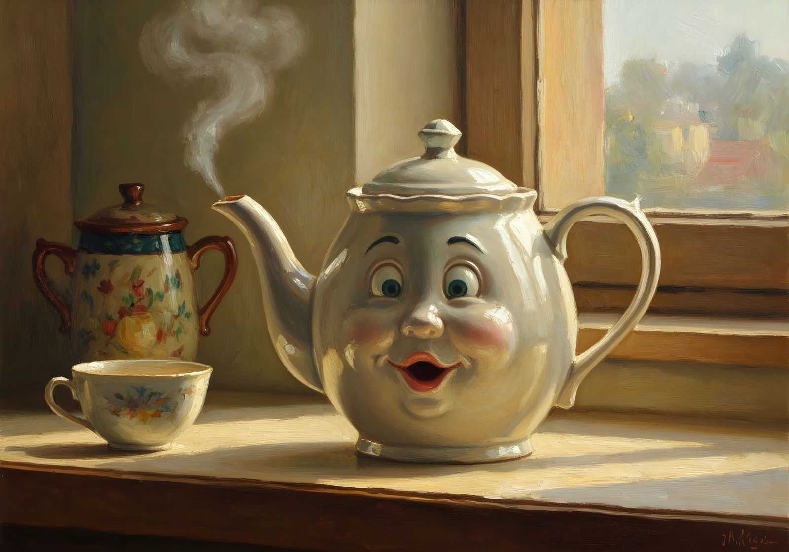 Surprised Teapot Oil Painting with Gentle Steam
