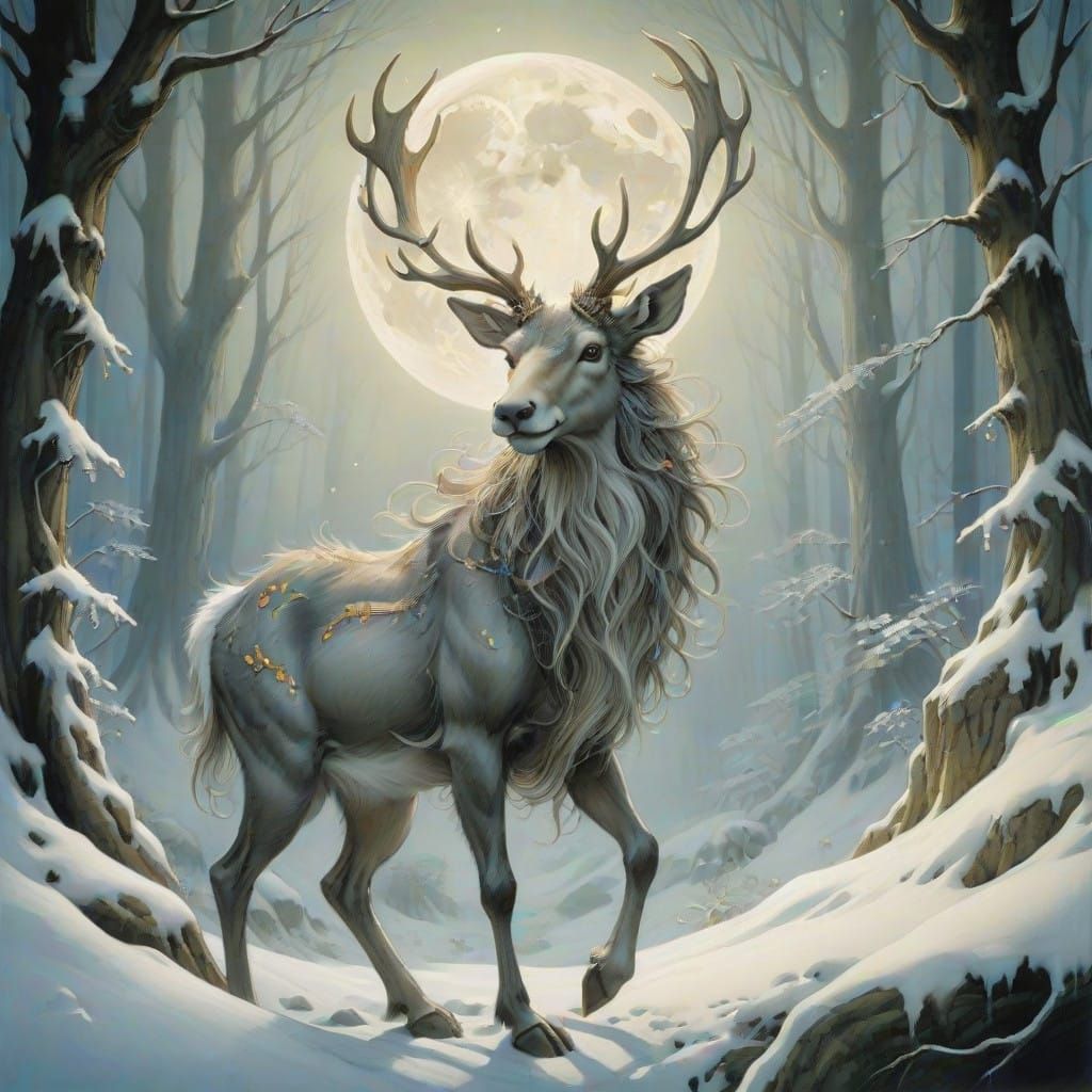 Mythical Crystal Reindeer in a Lunar Forest