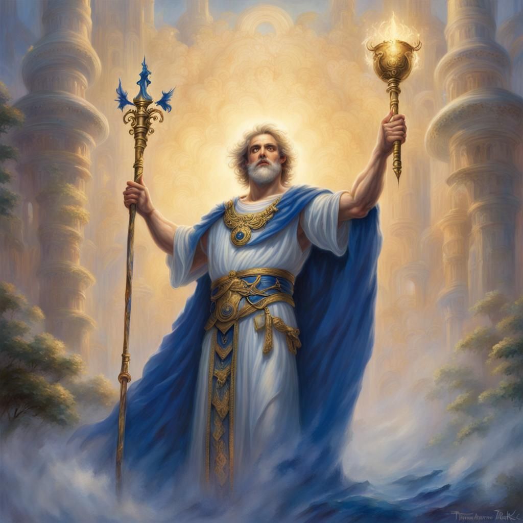 Multi-Armed Man in Toga with Golden Scepter