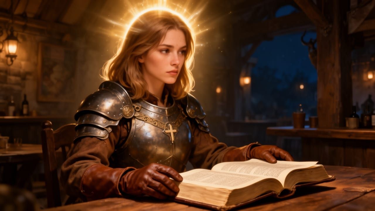 Cleric Reading Holy Book in Tavern with Divine Light