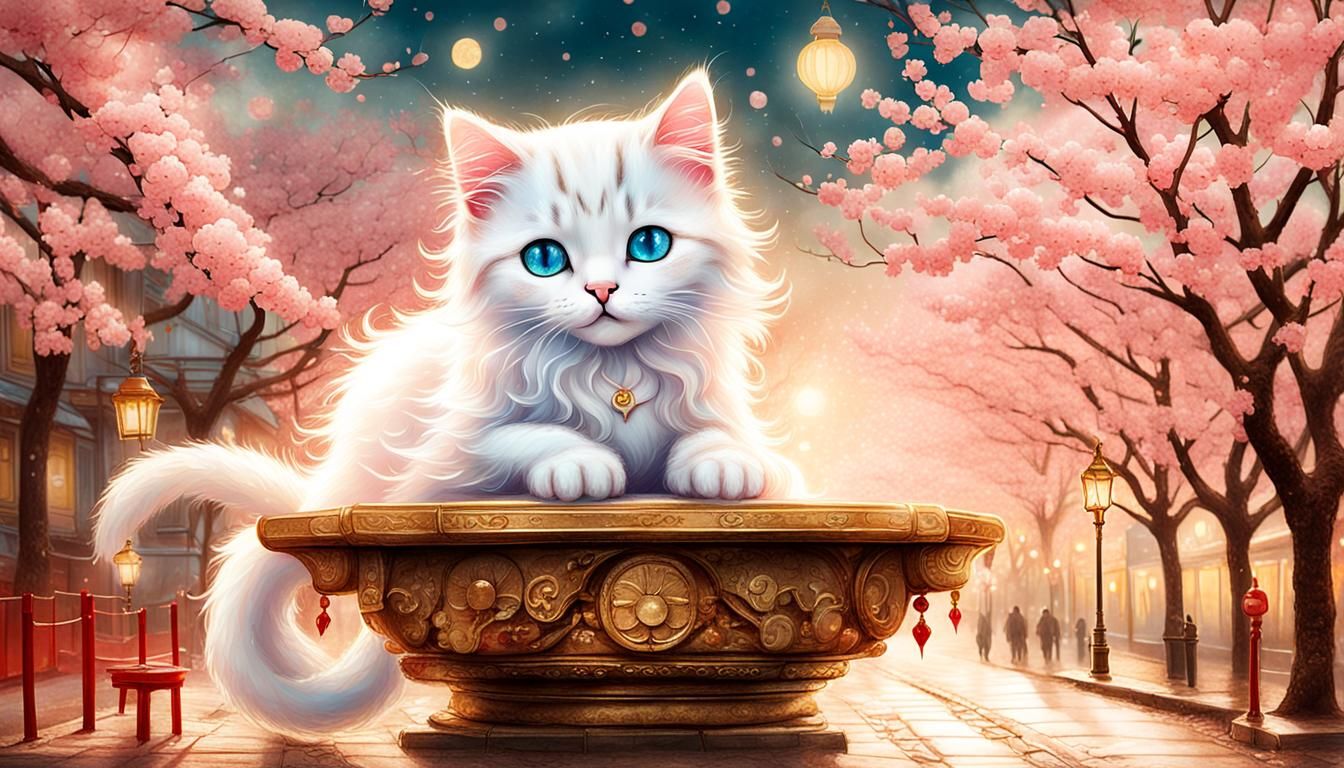 vibrant detailed adorable blue eyed chibi happy kitten on sa...