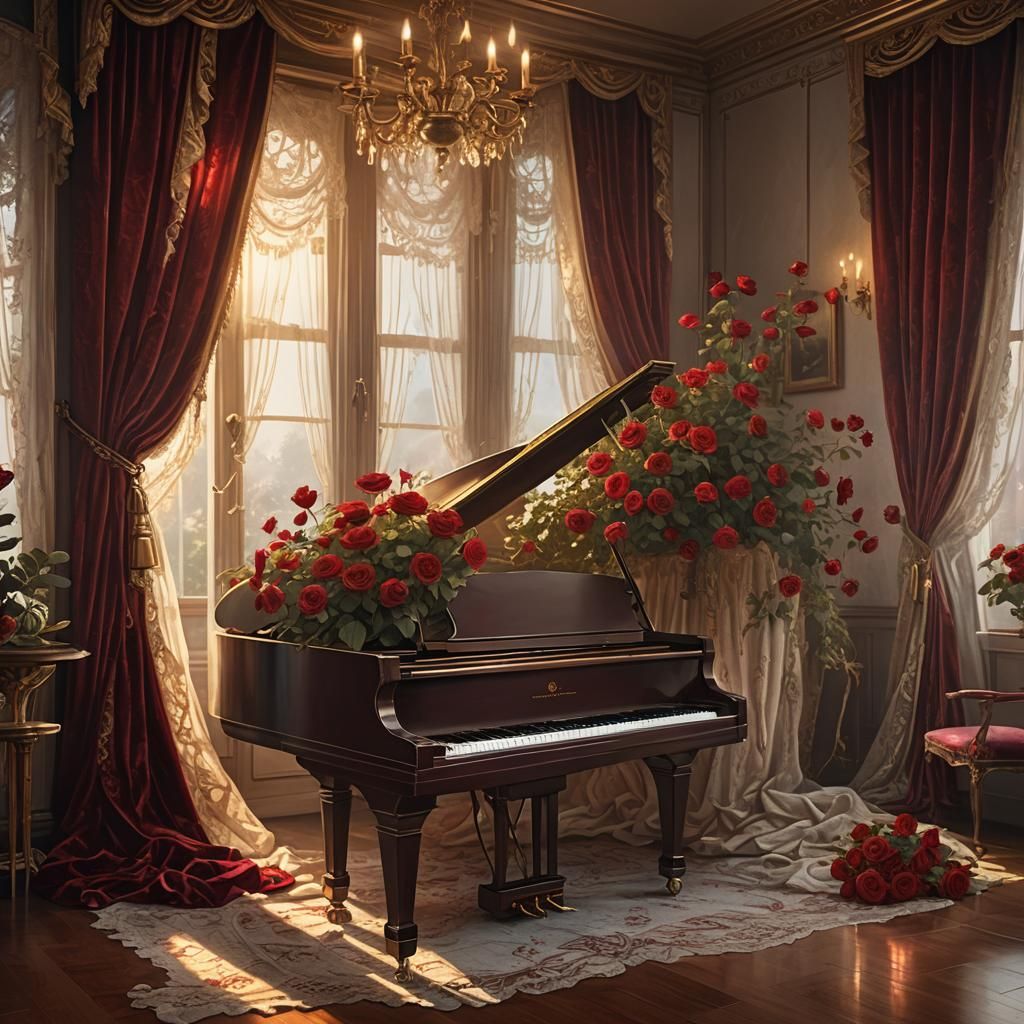 Red Roses on Piano with Candlelight, Art Nouveau
