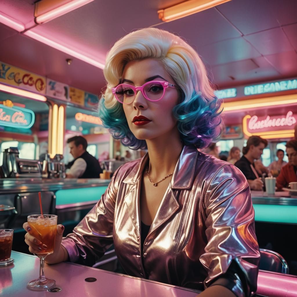 Retrofuturistic Woman in Diner with Technicolor Wig