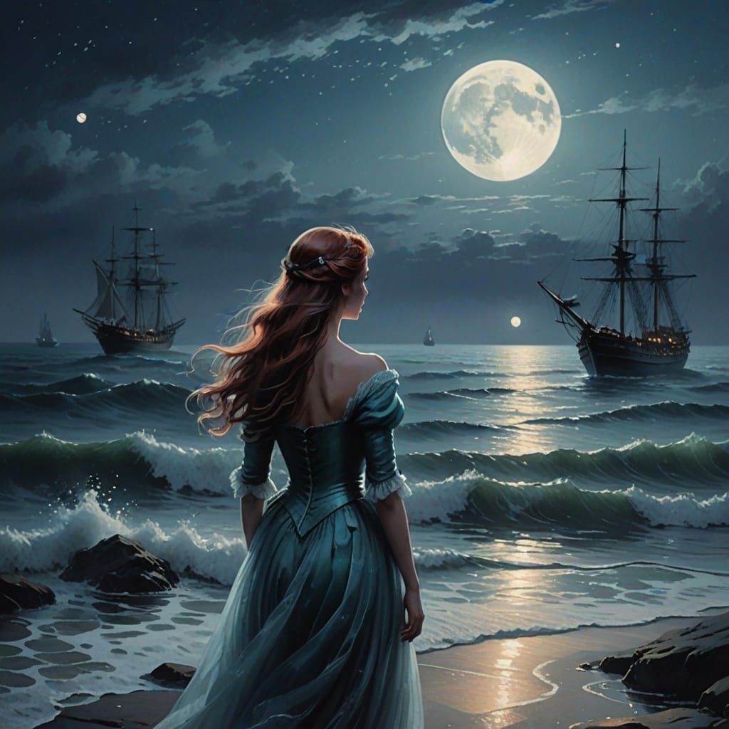 Moody Little Mermaid at Sea's Edge, Under Morning Light