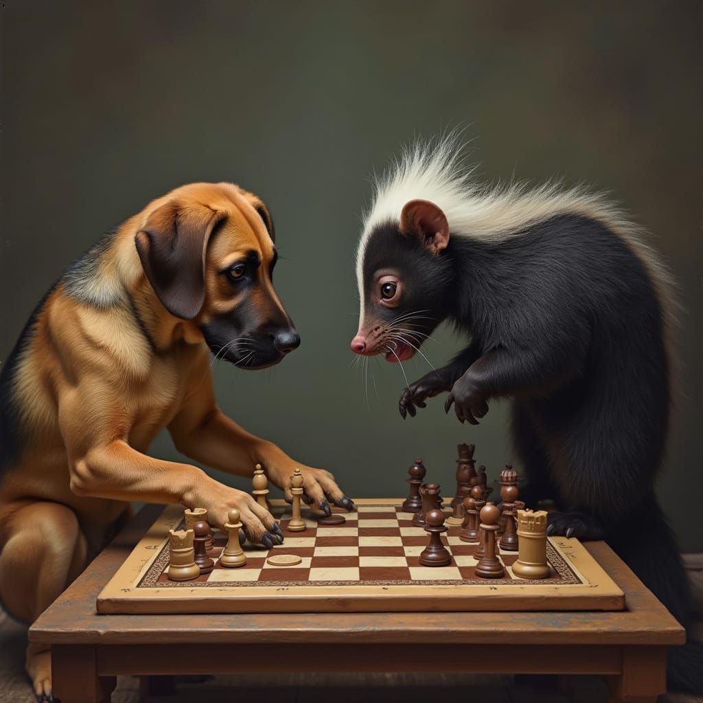 Bloodhound and Skunk Play Checkers Game