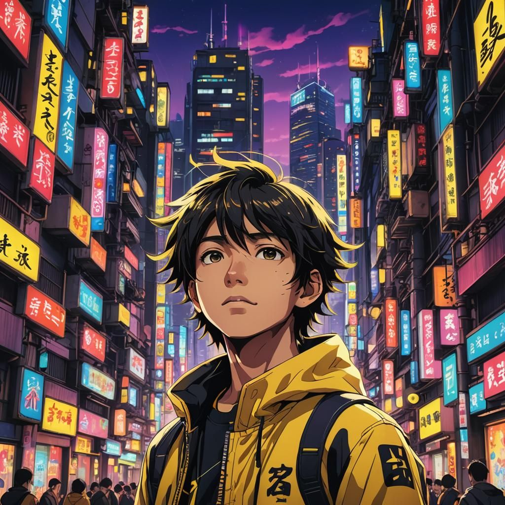 Anime Boy in Neon Cityscape: Vibrant Digital Art