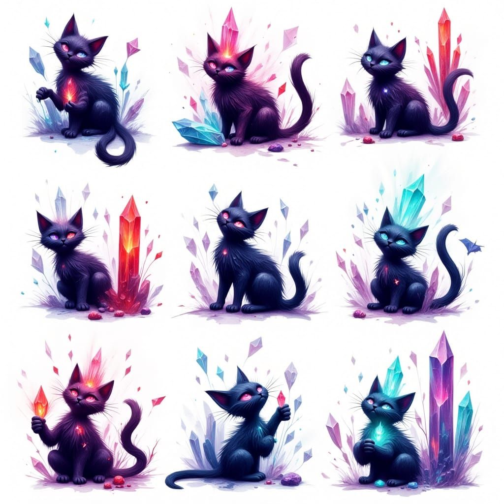 Cats and Crystals in Impasto Style Vignettes