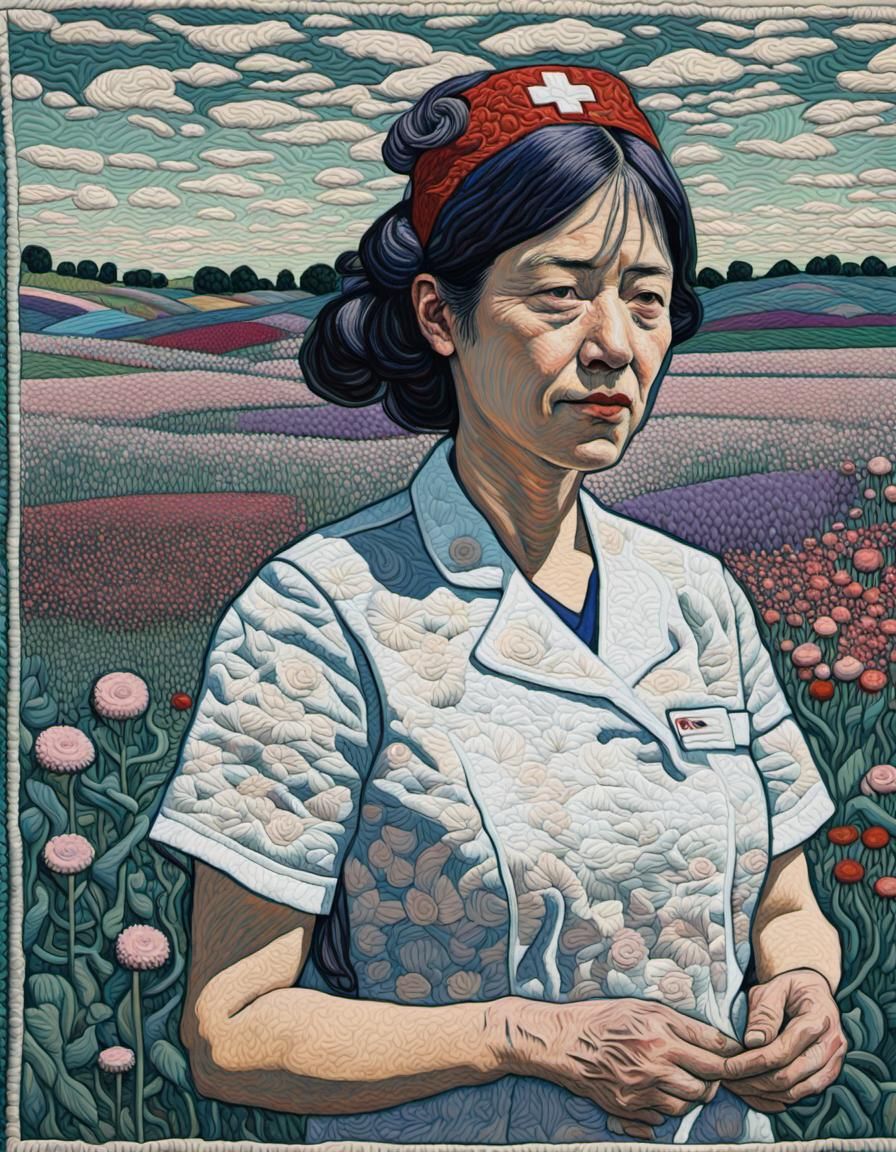 Double Exposure Nurse in Flower Field, Expressionist Style