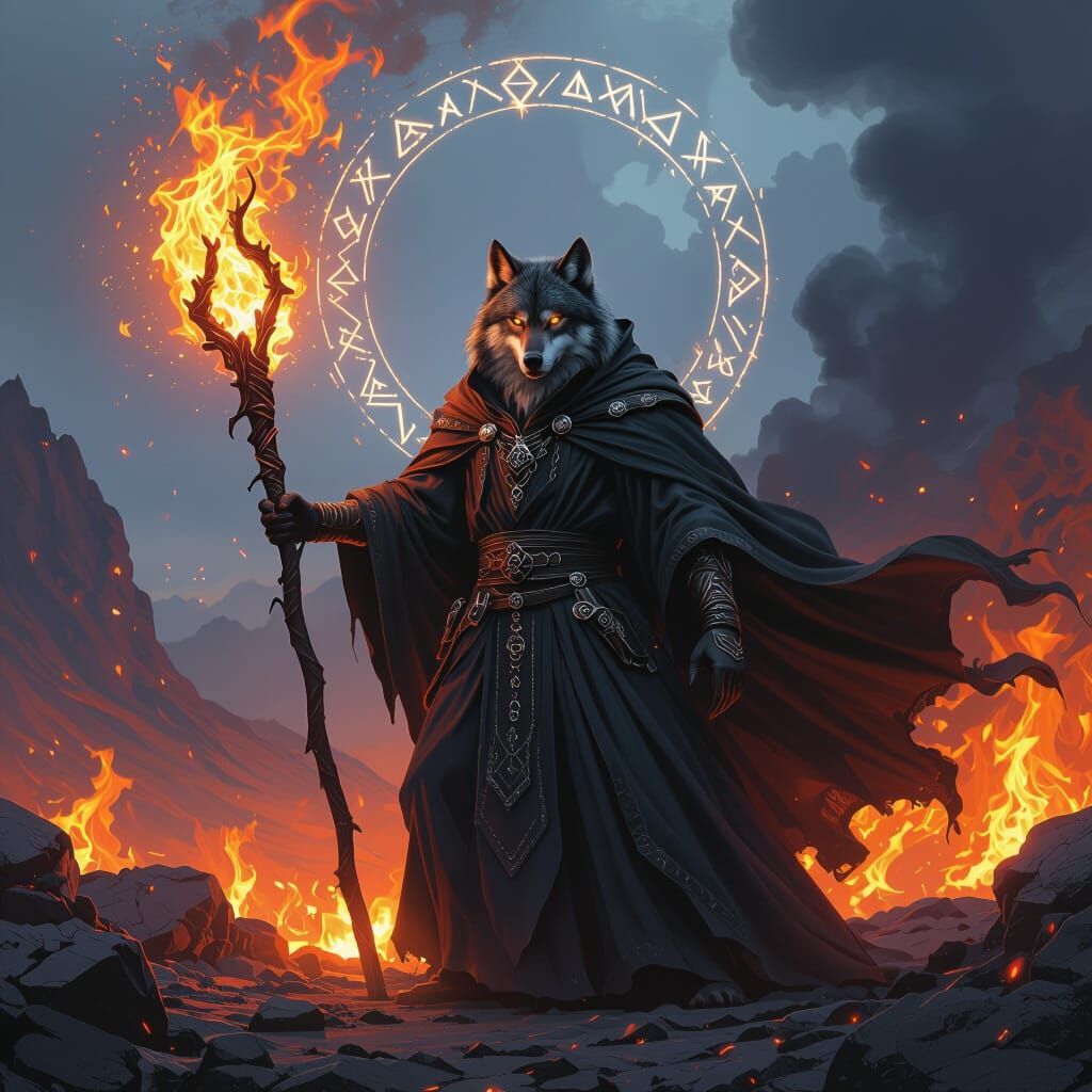 Wolf Wizard Wielding Fiery Magic in Volcanic Landscape