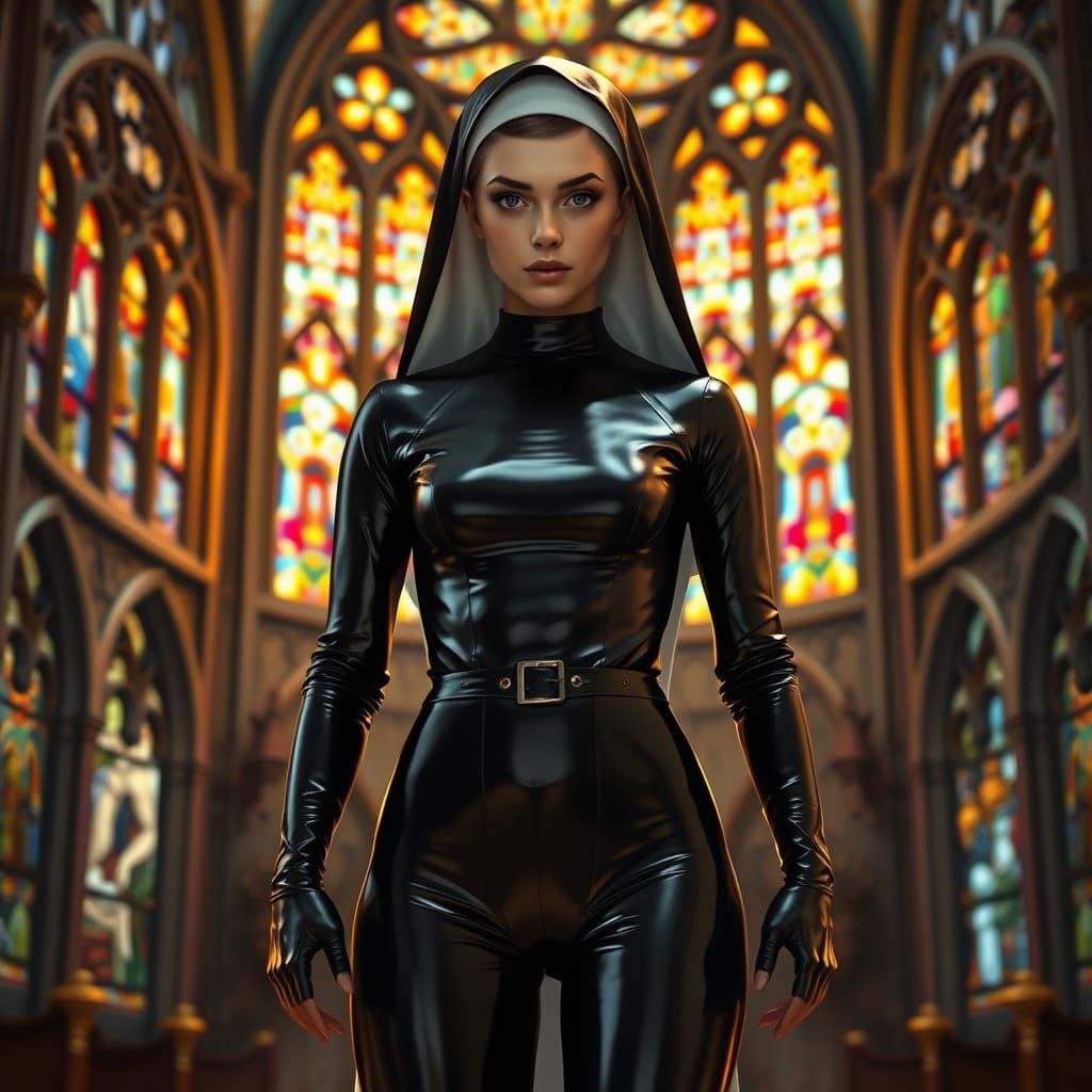 Confident Gothic Nun in Hyperrealistic Latex Bodysuit