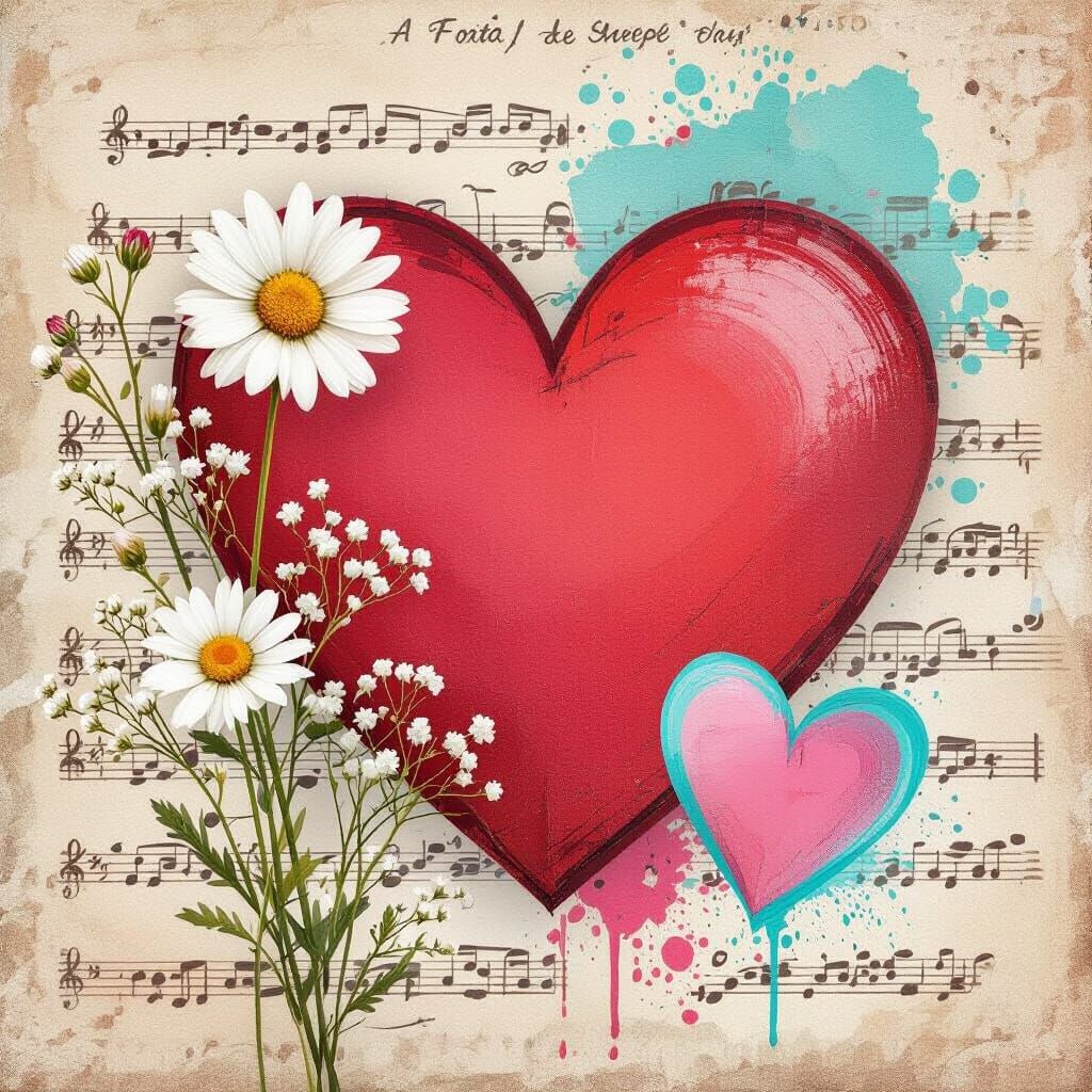 Textured Red Heart Collage with Vintage Charm