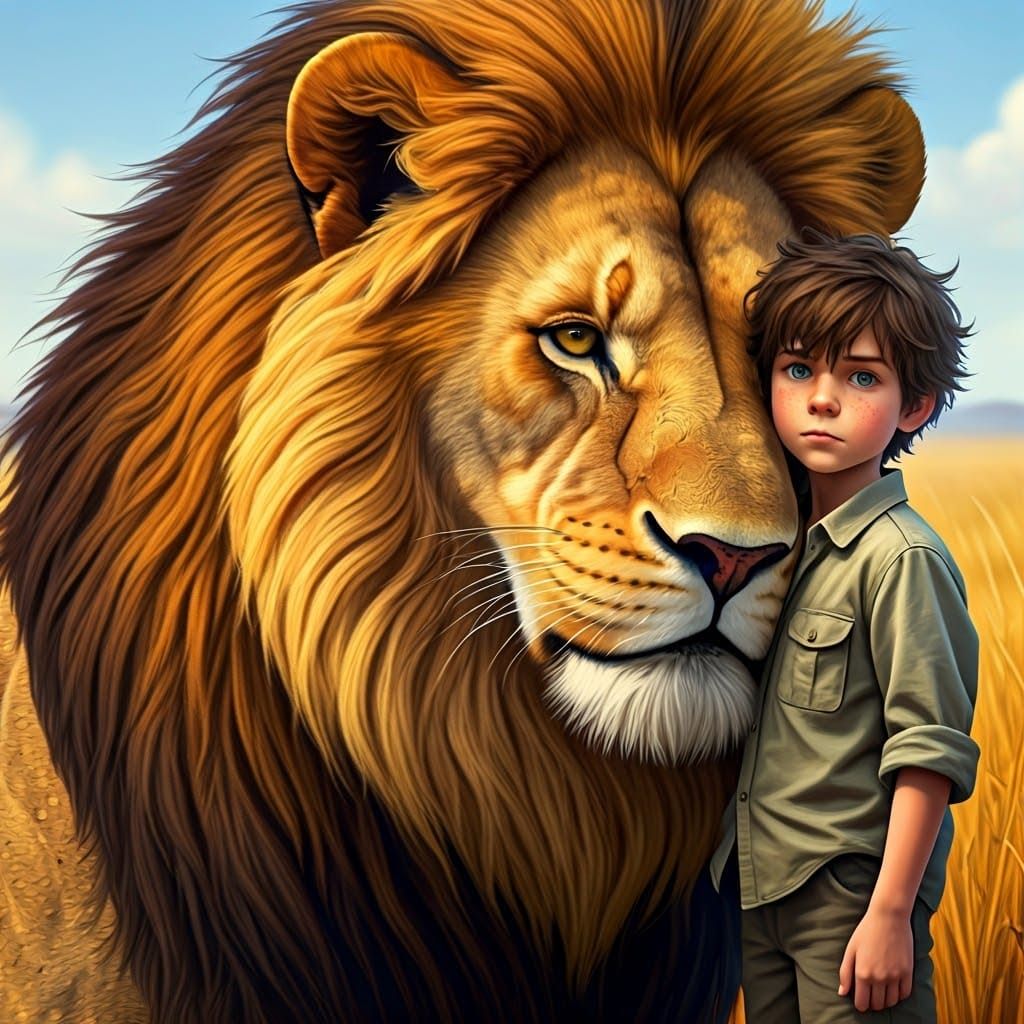 Brave Boy Meets Majestic Lion in a Dramatic Wildlife Illustr...