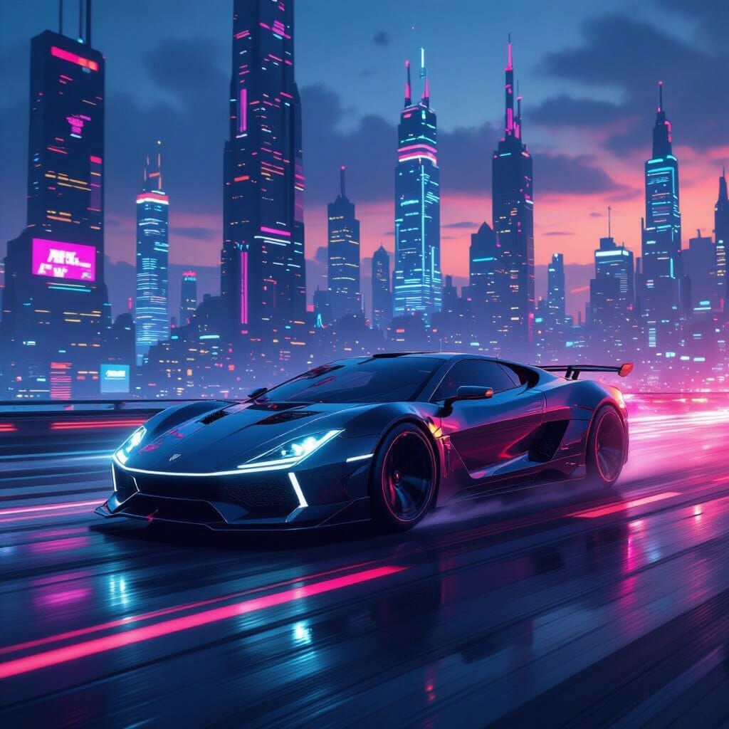 Neon Car in Dystopian Cyberpunk Cityscape
