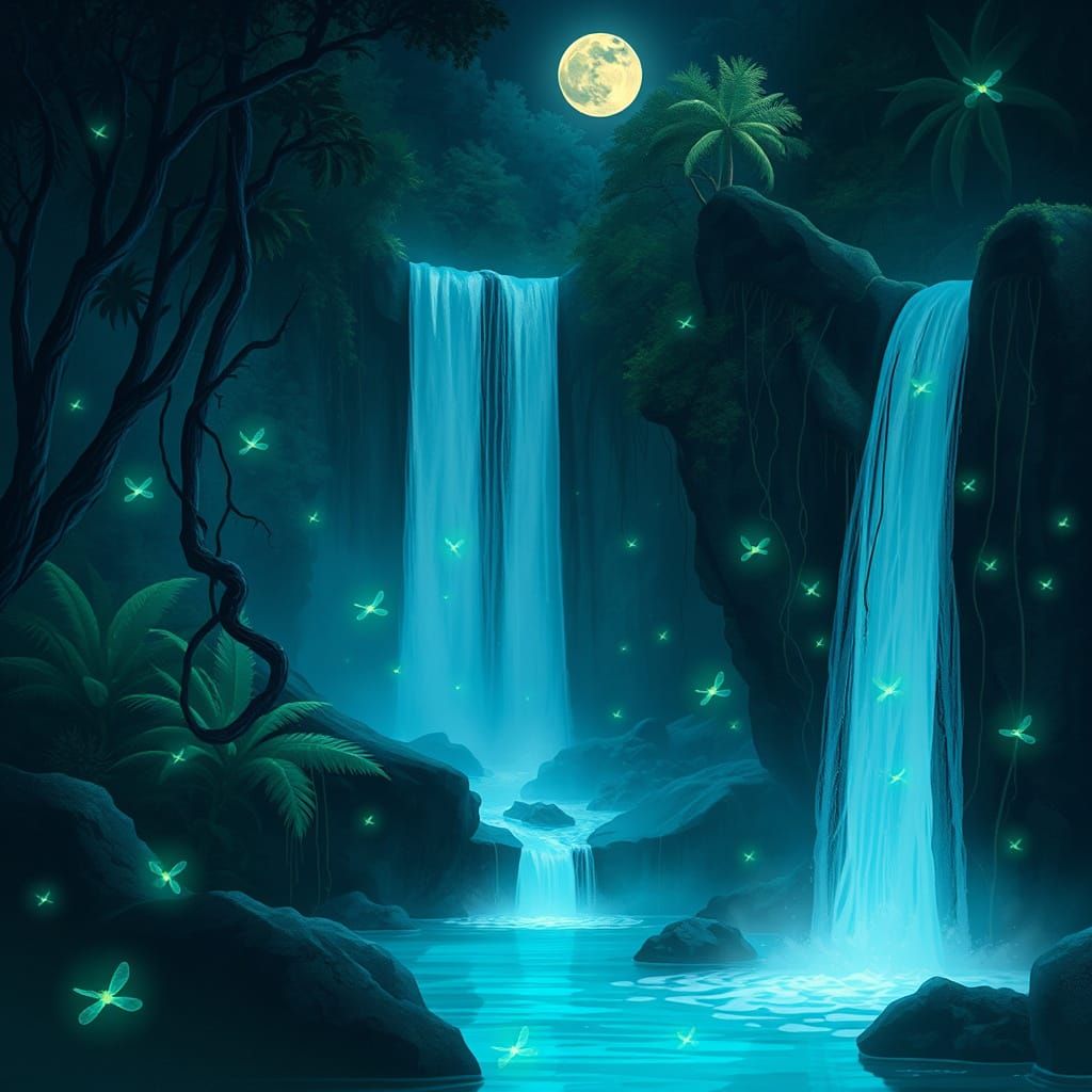 Enchanted Jamaican Waterfall in Ethereal Blue Glow