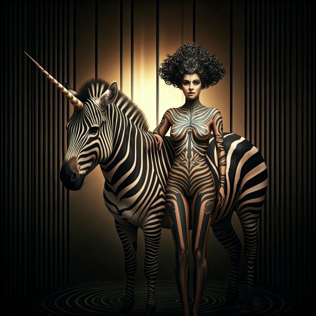 Surrealist Woman and Zebra Unicorn in Striped Harmony