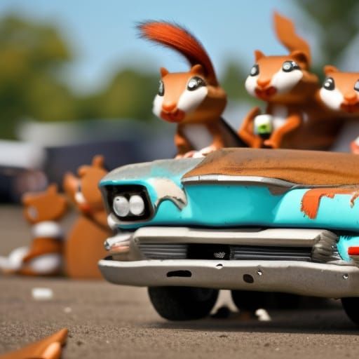 Cartoon Squirrels Pit Crew at Demolition Derby