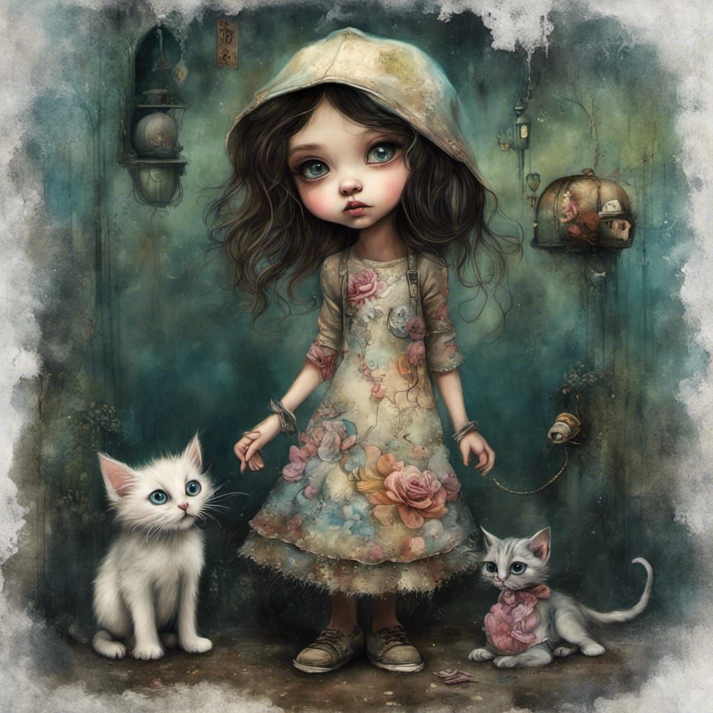Baby Girl with Kitten: Detailed Fantasy Art