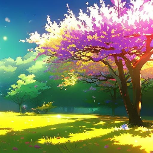 Radiant Apple Tree in Anime Key Visual Style