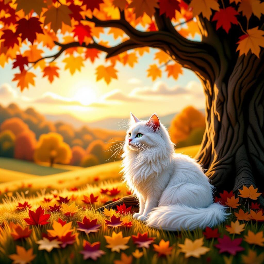 White Cat in Autumn Felting Art Style