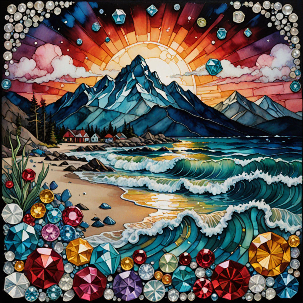 Surreal Sunset Dreamscape in Folk Art Style