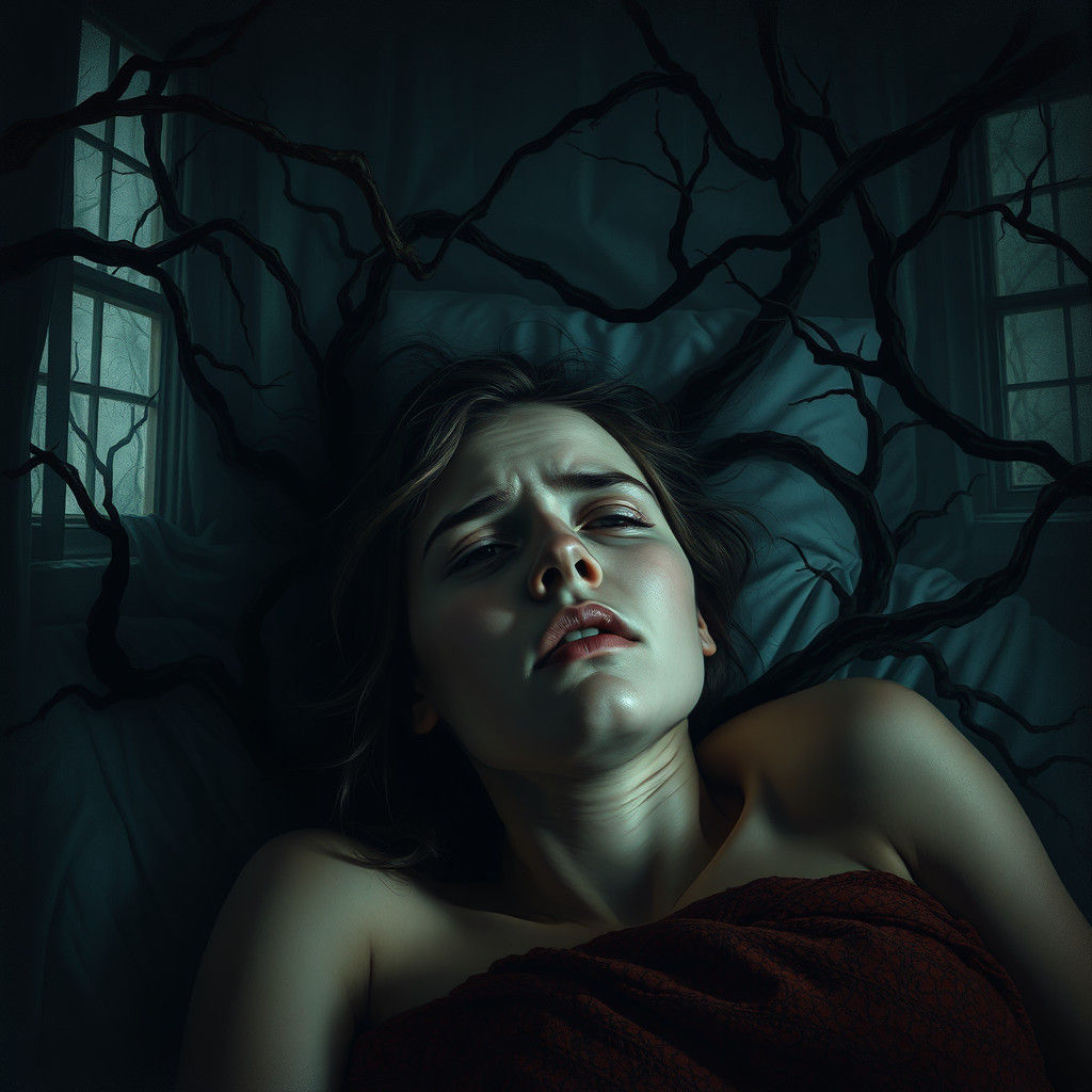 Distressed Woman in Eerie Bedroom: A Surreal Nightmare