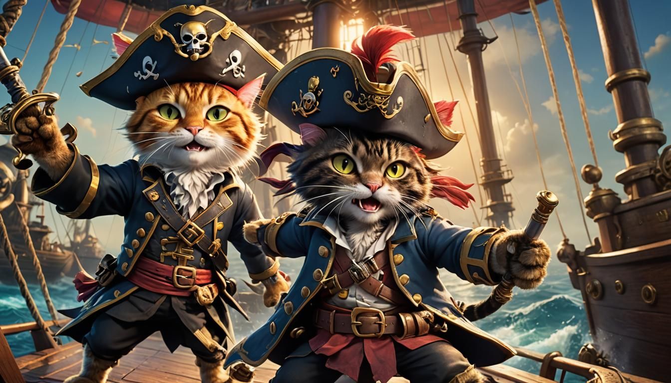Pirate Cat Captain Points Blade in Anime Style