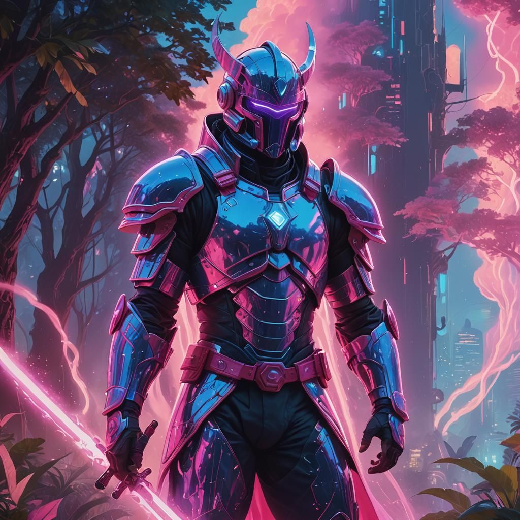 Magical Warrior in a Neon Pastel Fantasy World