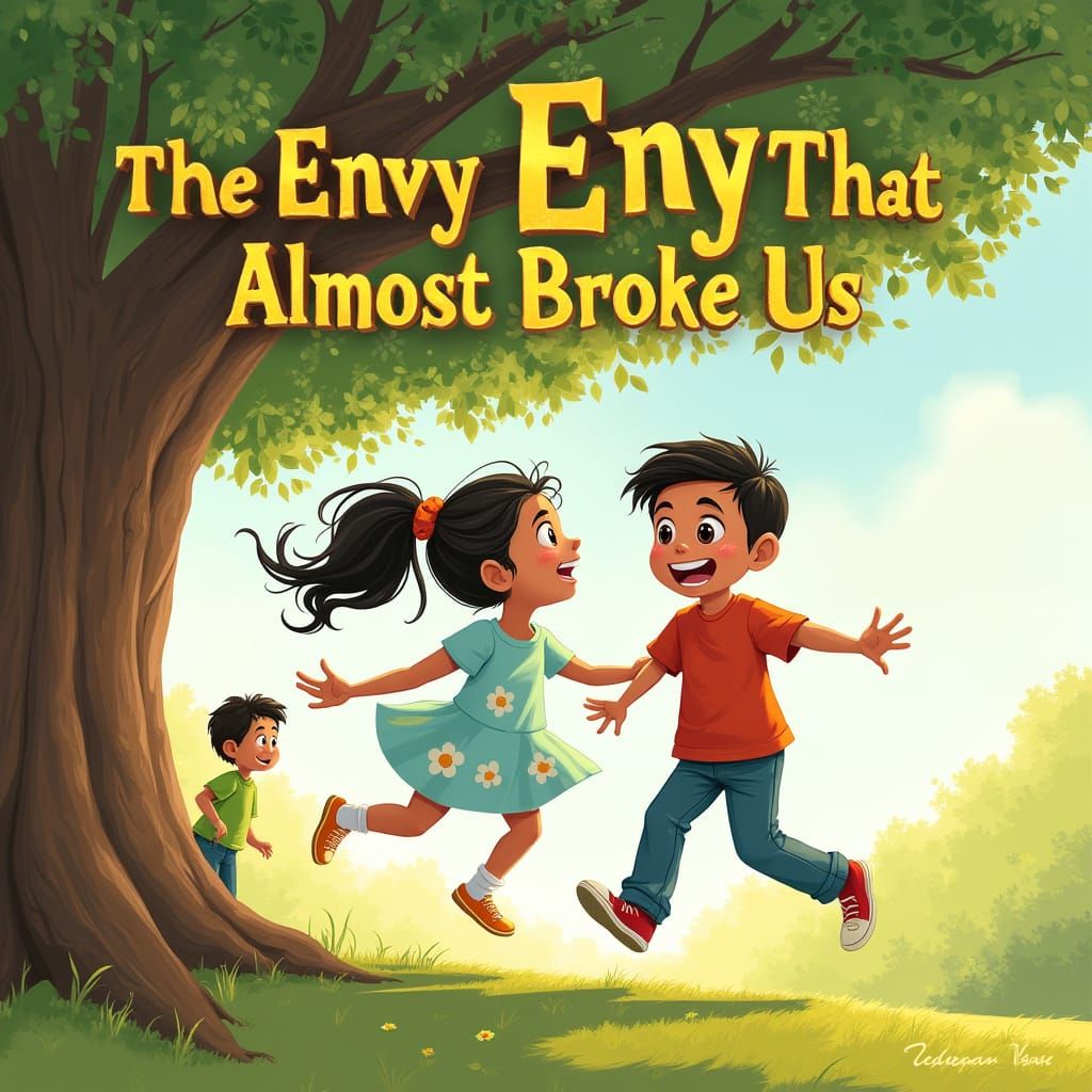 Joyful Friends Under a Majestic Tree in Whimsical Children's...