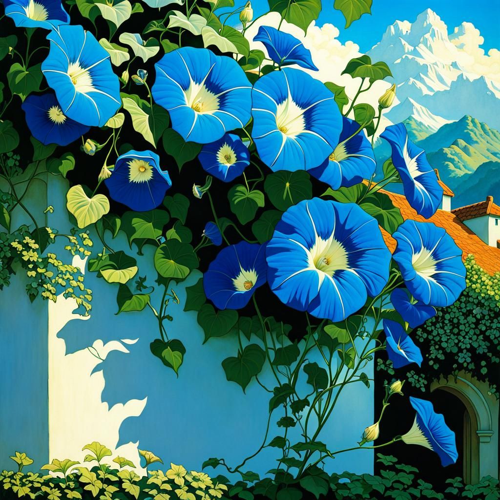 Medieval Landscape with Morning Glories in Anime Style