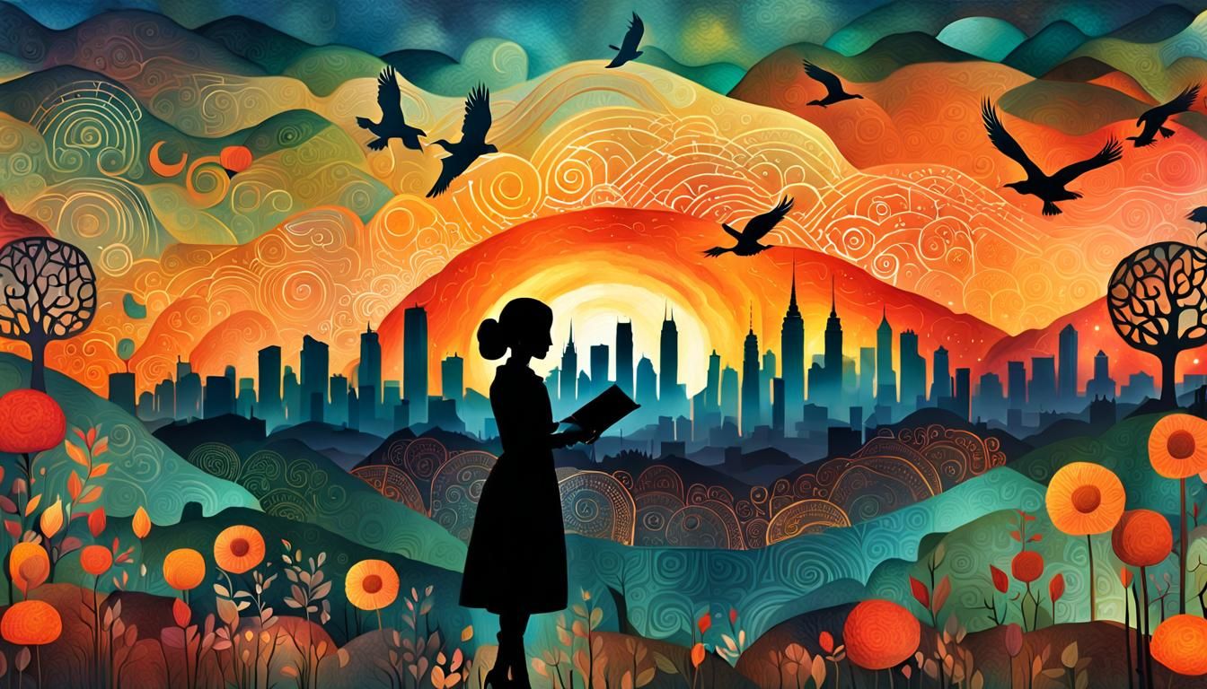 Vivid Landscape Collage with Woman in Silhouette