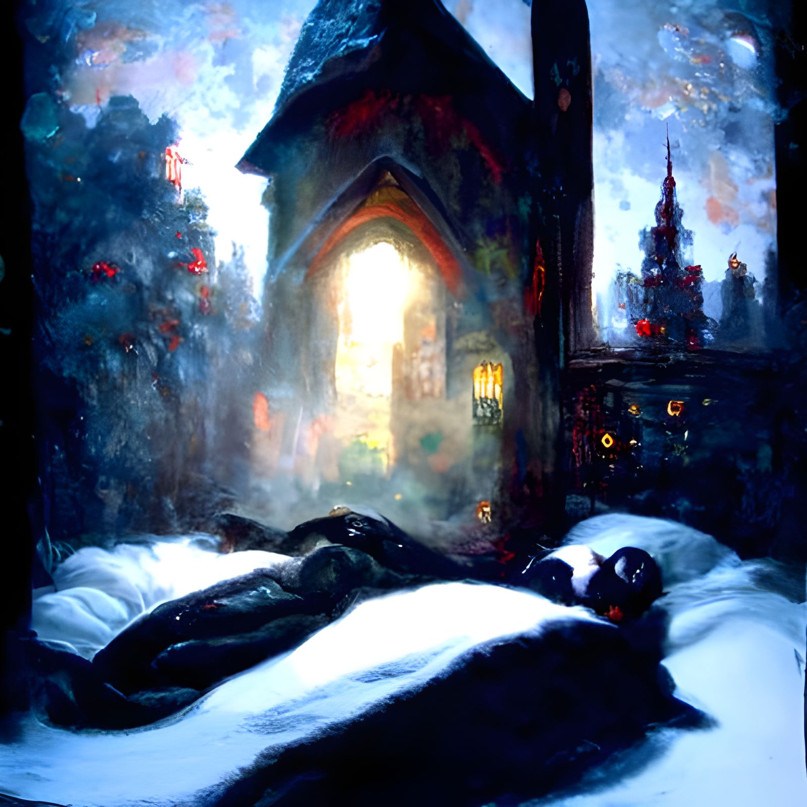 Ethereal Gothic Scene with Flickering Light