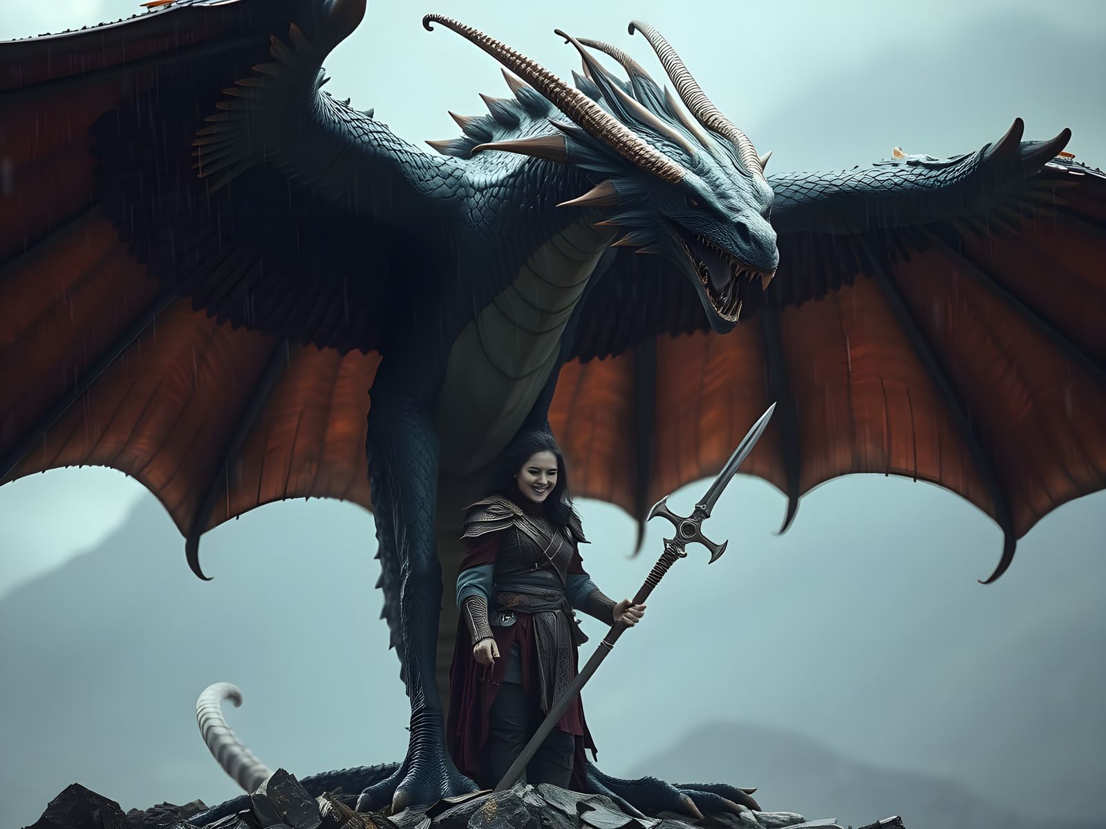 Feathered Dragon Guards Warrior Woman From Rain