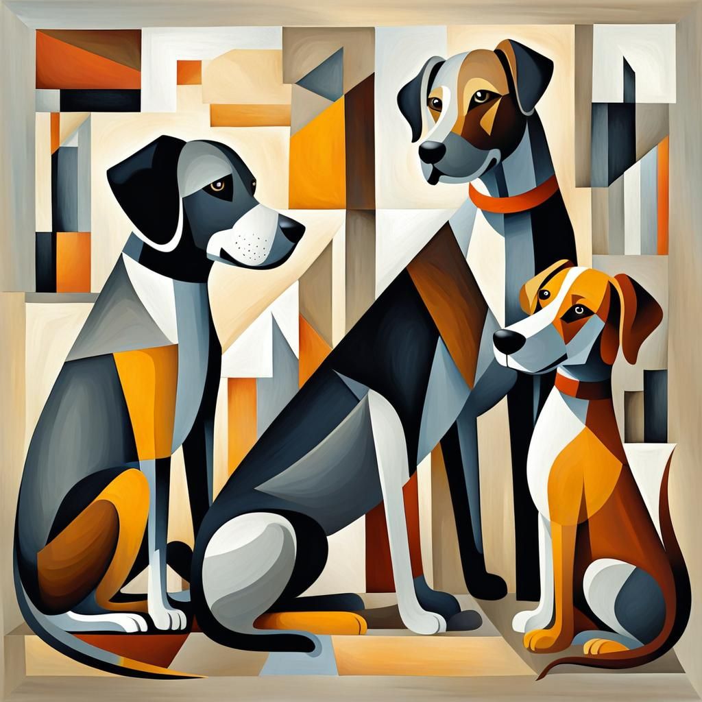 Children and Dog in Cubist Style