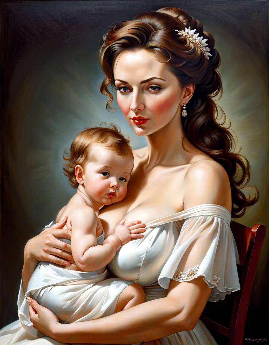 Mother Breastfeeding Toddler in Surrealist Portrait Style