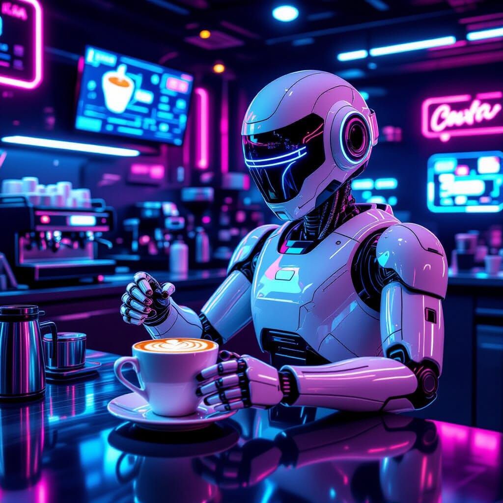 Robot Barista Creates Latte Art in Cyberpunk Coffee Shop
