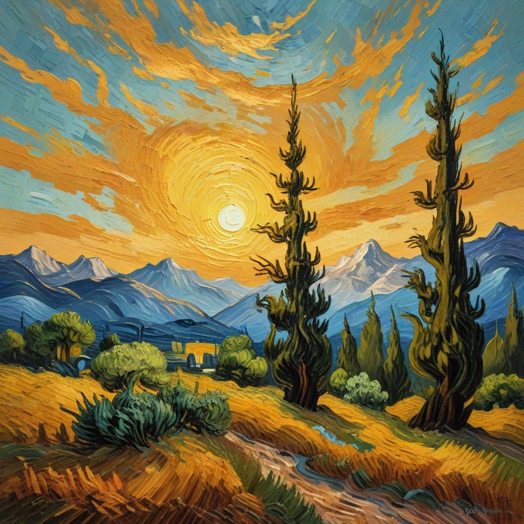 Cypress Trees at Dusk in Post-Impressionistic Style