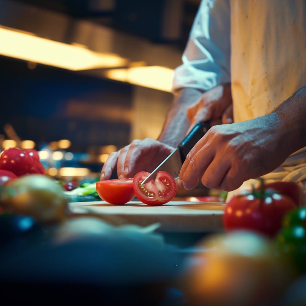 Chef Slices Tomato in Warm and Soft Lighting Cinematic Film...