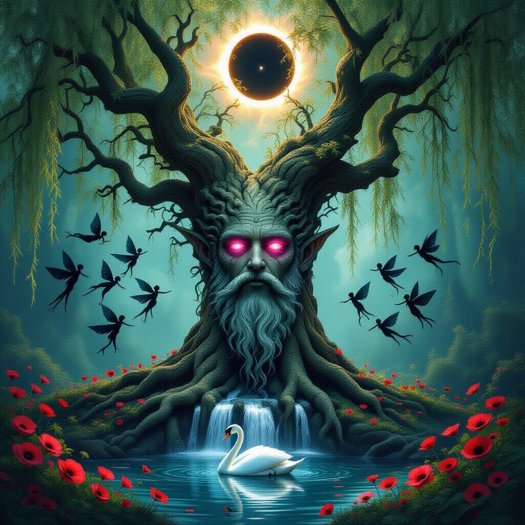 Enchanted Forest Willow Tree with Hermaphrodite and Fairies