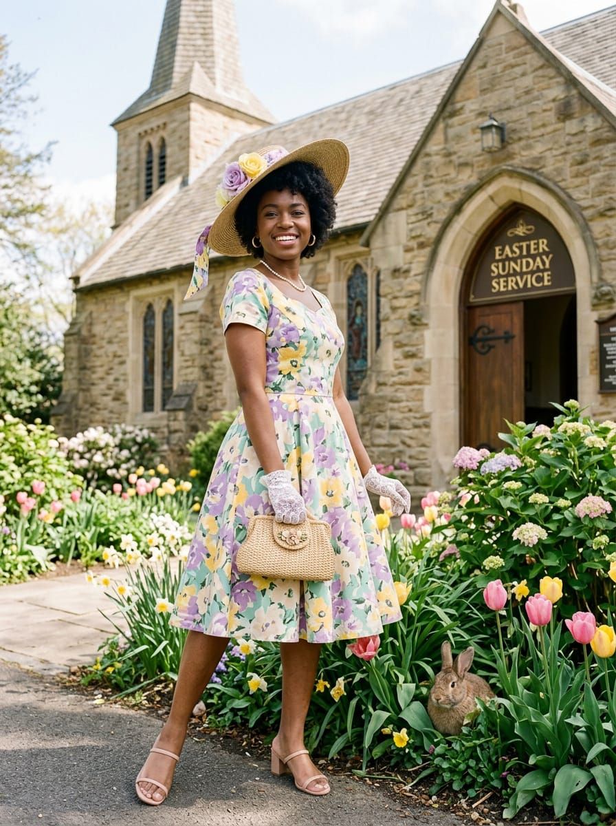 Fashionable Woman in Easter Dress Poses by Church with Rabbi...