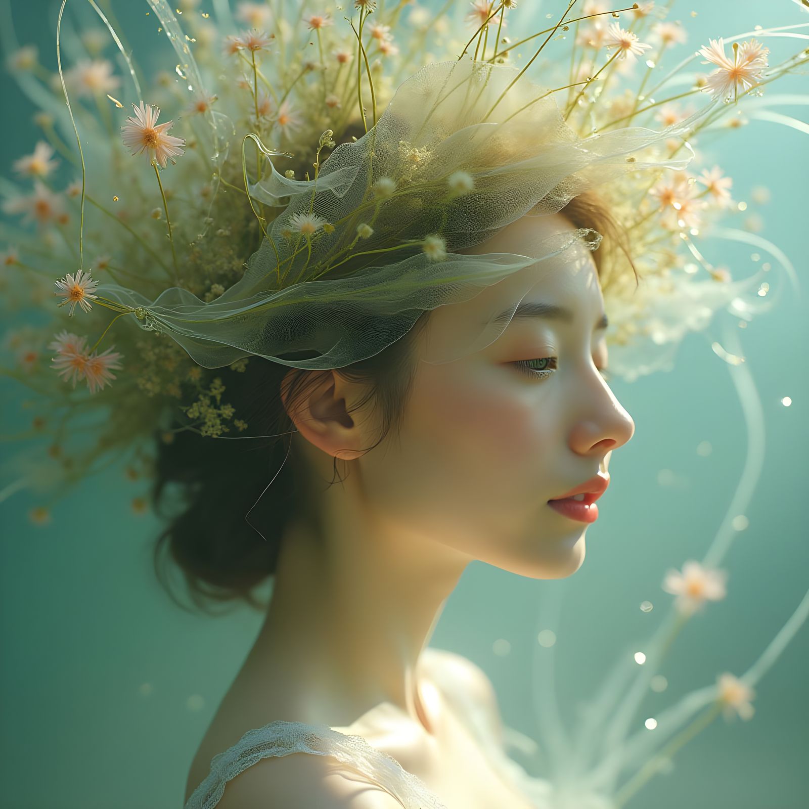 Ethereal Botanical Composition with Floating Plants