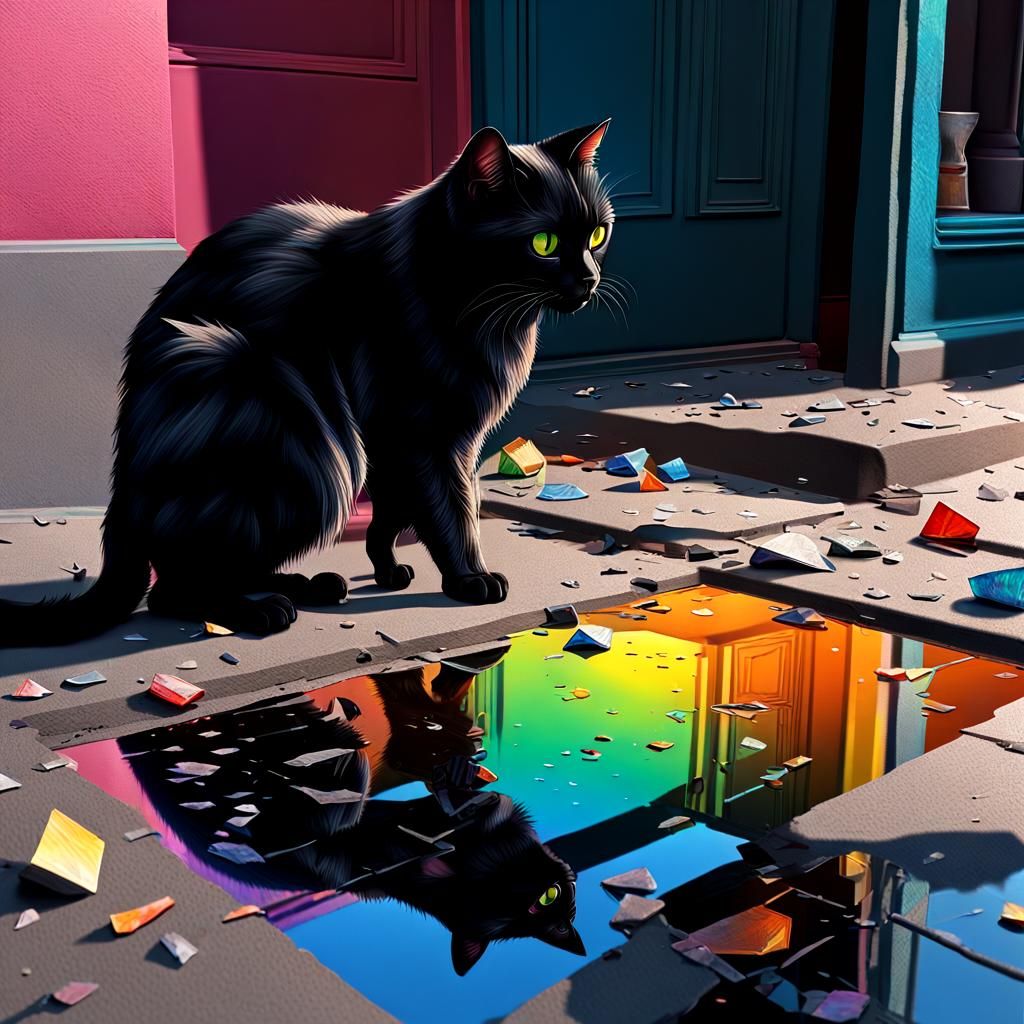 Black Cat Under Ladder in Hyperrealistic Splash Art