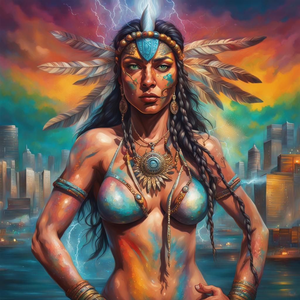 Amazon Goddess in City Tornado: Hyperrealistic Splash Art